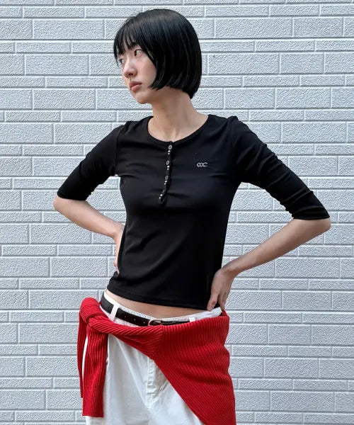 [CHICKS] Button Henley 7-Sleeve T-Shirt Black / 버튼 헨리넥 7부 티셔츠 블랙