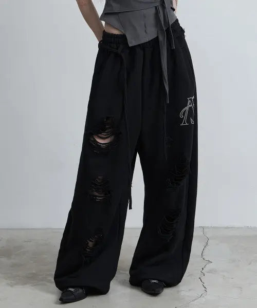 [AS YOU ARE] BELTED DESTROYED SWEATPANTS BLACK / 벨티드 디스트로이드 스웻 팬츠 블랙