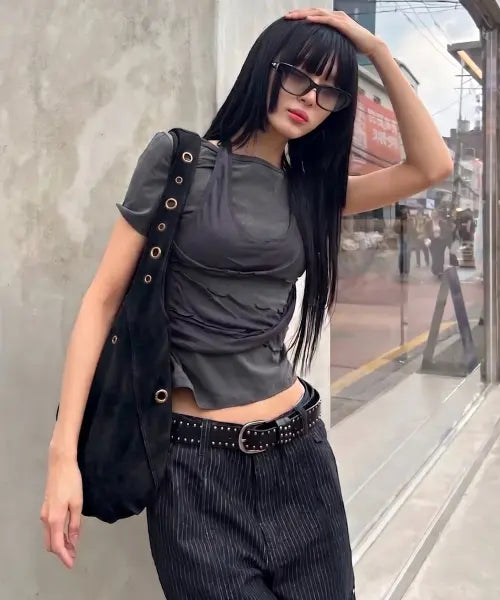 [UNKNOWN PLANET] Layered Deconstructed Slim Tee Charcoal / 레이어드 디컨스트럭티드 슬림 티셔츠 챠콜