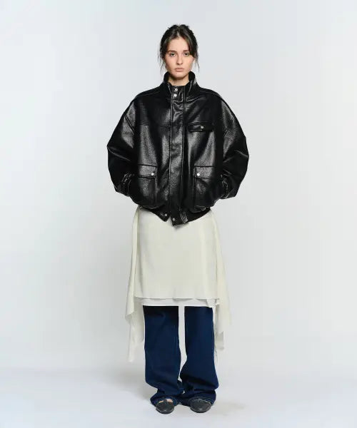 [SUNBURNPROJECT] FAUX LEATHER HIGH NECK JUMPER, BLACK