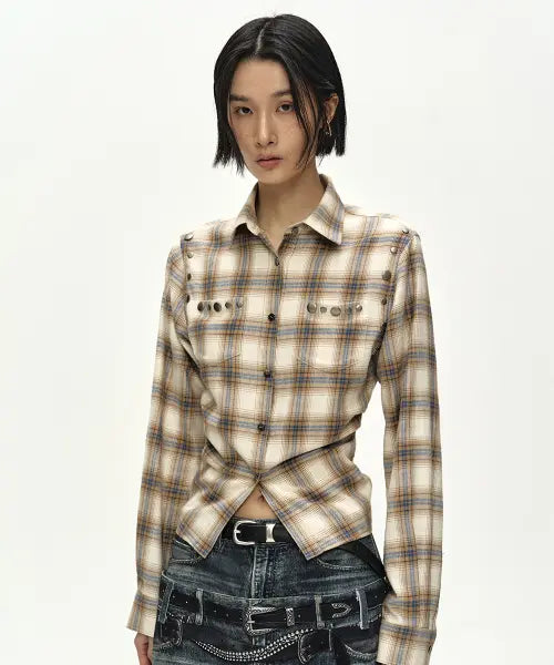 [ADSB ANDERSSON BELL] CHECK STUDDED CONTOUR SHIRT (BEIGE)
