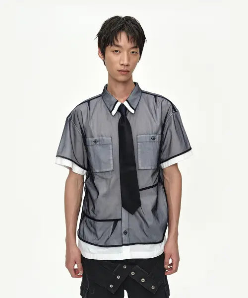 [ADSB ANDERSSON BELL] WHITE SHEER LAYERED SHIRT atb1537m(WHITE/NAVY)