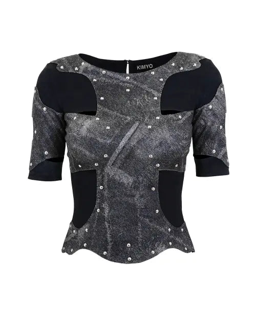 [KIMYO] DENIM-PRINT CROSS PANEL TOP IN BLACK / 데님 프린트 크로스 패널 탑 블랙