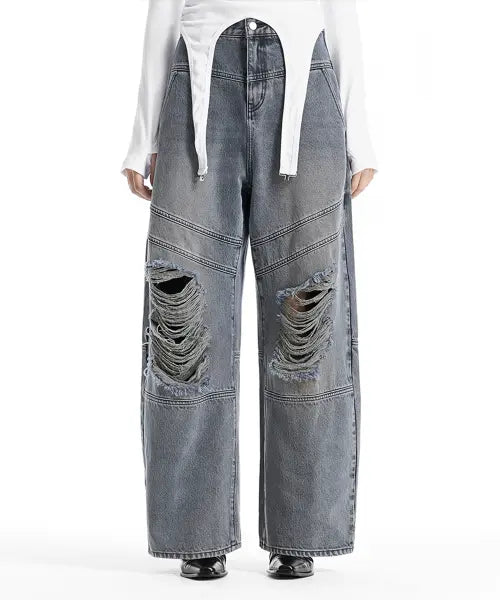 [TREEMINGBIRD] Double Belt Loop Distressed Balloon Denim [ Blue ]