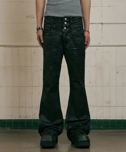 [LANARCHIVE] [0157] Wax-Coated Flare Layered Pants - Black / [0157] 왁스 코팅 플레어 레이어드 팬츠 - 블랙