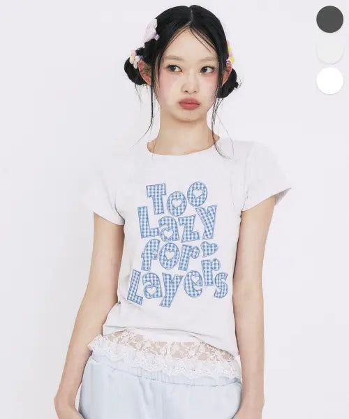 [YOUHEE] [3COLORS] CHECK APPLIQUE LETTERING T-SHIRTS