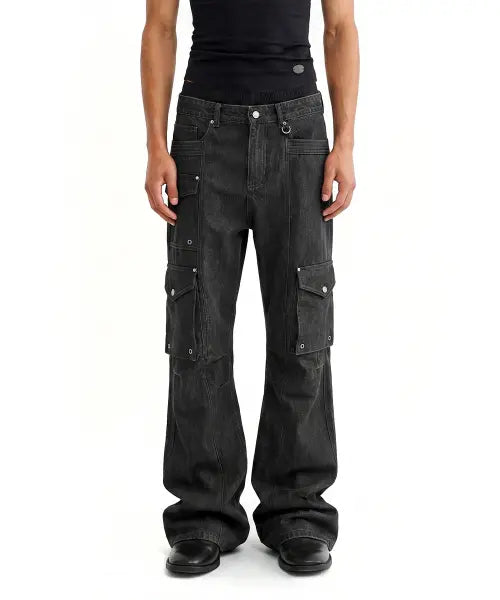 [BADBLOOD] Delta Low Crotch Bootcut Cargo Pants - Black Denim / 델타 LOW CROTCH 붓컷 카고팬츠 - 블랙데님