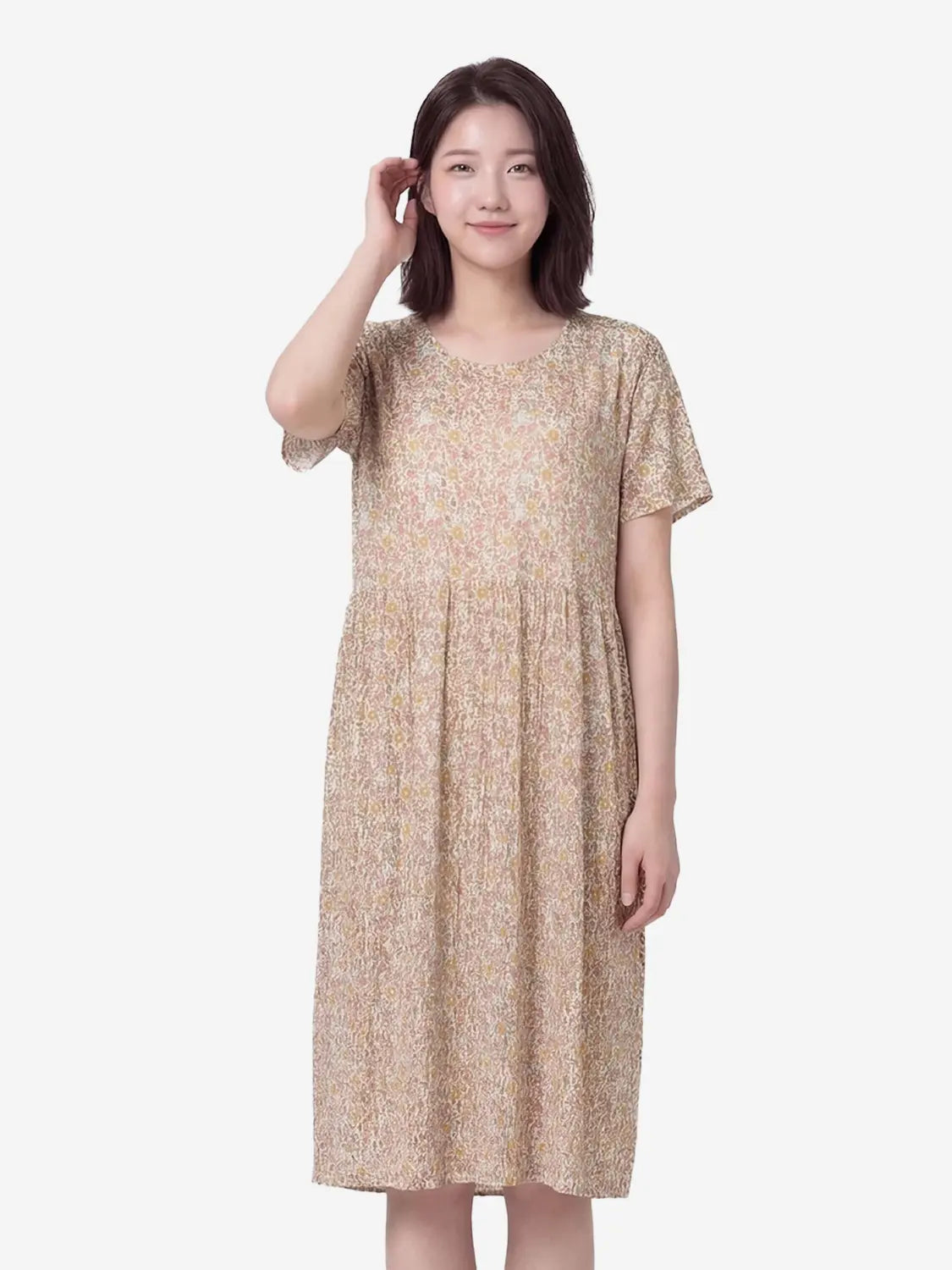 [DAISO] Patterned Pleated Dress - Yellow / 패턴 프리컷 주름 원피스 옐로우