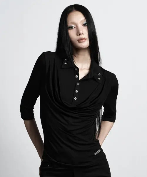 [AS YOU ARE] COWL NECK HALF-SLEEVE COLLAR TEE BLACK / 카울넥 하프 슬리브 카라티 블랙