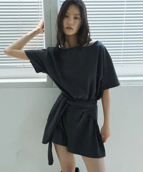 [RENSE] Off-Shoulder Wrap Tie Tee Charcoal