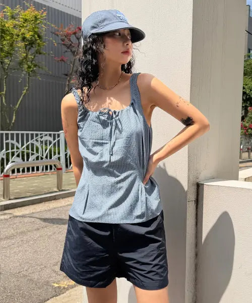 [COVERNAT WOMAN] WOMAN CHECK SLEEVELESS BLOUSE / 우먼 체크 슬리브리스 블라우스 네이비