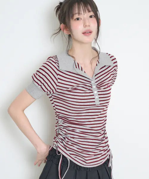[ILLIGO] STRIPE SHIRRING COLLAR T-SHIRT BURGUNDY / 스트라이프 셔링 카라 티 버건디