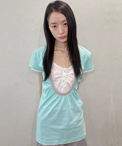 [OAFISH] Shirring U neck T-shirts, Mint