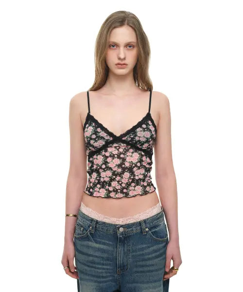 [TOOMUCHTAX] Floral 02 Lace Cami Top Black / 플로럴 02 레이스 카미탑 블랙