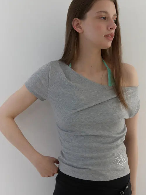 [ASURA] STUDDED ONE-SHOULDER T (MELANGE GREY)