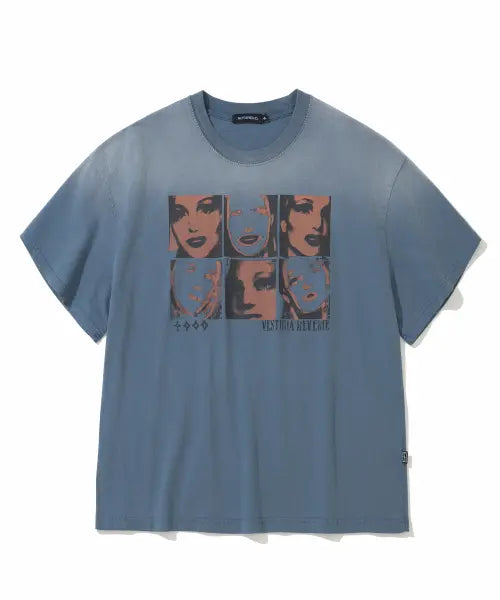 [NOT4NERD] Divided Portrait Bleach Washed Loose Cropped T-Shirts - Navy