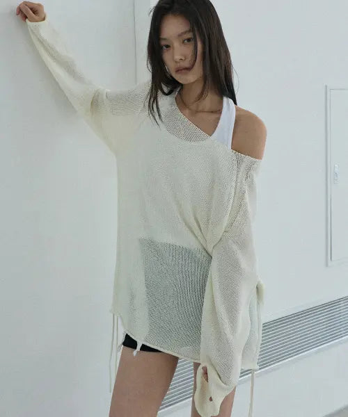 [RENSE] Side Shirring Boat Neck Knit Ivory
