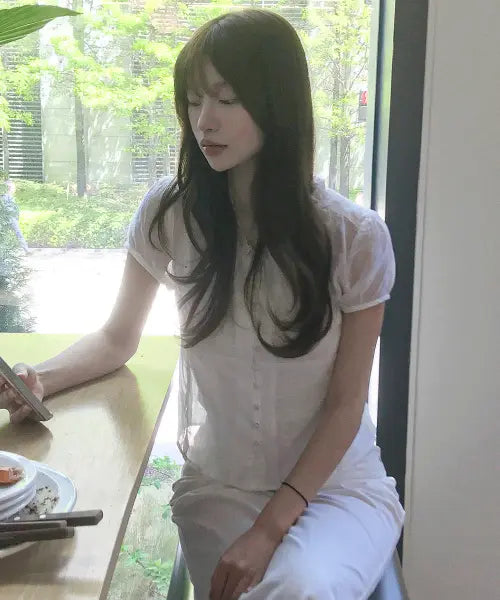 [COSTUMEOCLOCK WOMAN] [Women] Frill V-Neck Sheer Blouse 2 COLOR COWBL001 / 프릴 브이넥 시스루 블라우스 2 COLOR COWBL001