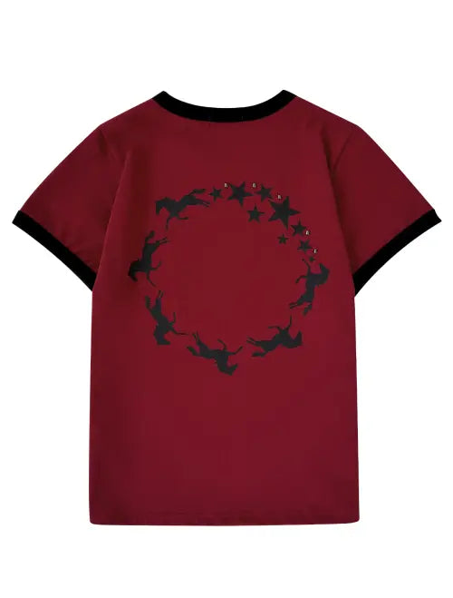 [LOOXP] Colorblock Logo Horse Print Ringer T-Shirt Red / 배색 로고 홀스 프린팅 링거 반팔티 레드