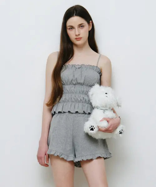 [MONGDOL] Set: Frilled Camisole Pajama with Built-in Bra (Gray) / [SET] 캡 내장 프릴 나시 코튼 파자마 그레이 MDPJ003GRAY