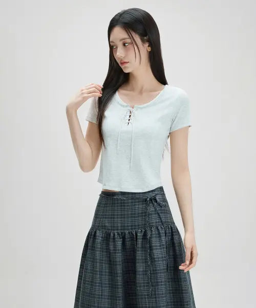 [MIXXO] Lace-up Cutout Short Sleeve T-Shirt / 레이스업 절개 반팔 티셔츠 RE LWG33SS_MIWHWG51QS