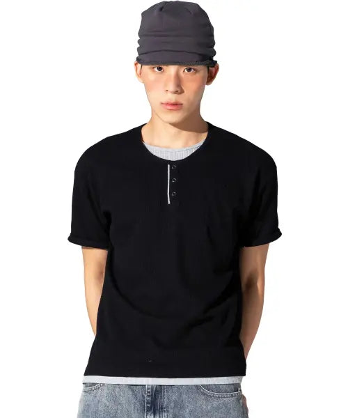 [XTONZ] Layered Waffle Henley Neck T-shirt (Black) / XTT158 레이어드 와플 헨리넥 티셔츠 (BLACK)