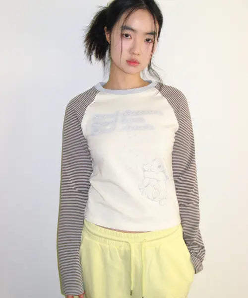 [AMES-WORLDWIDE] CUPID RABBIT STRIPE RAGLAN LS TEE BLUE