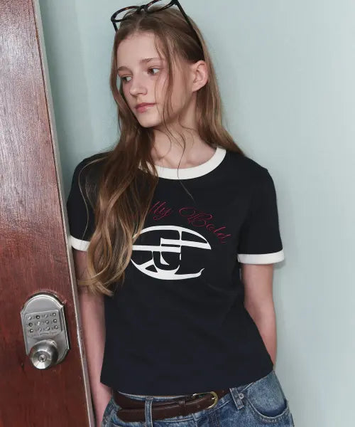 [LEATHERY] Lettering Ringer T-Shirt [NAVY] / 레터링 링거 반팔 티셔츠 [NAVY]