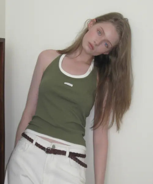 [LETTER FROM MOON] Letters Label Halterneck Top (Olive) / 레터즈 라벨 홀터넥 탑 ( 올리브 )