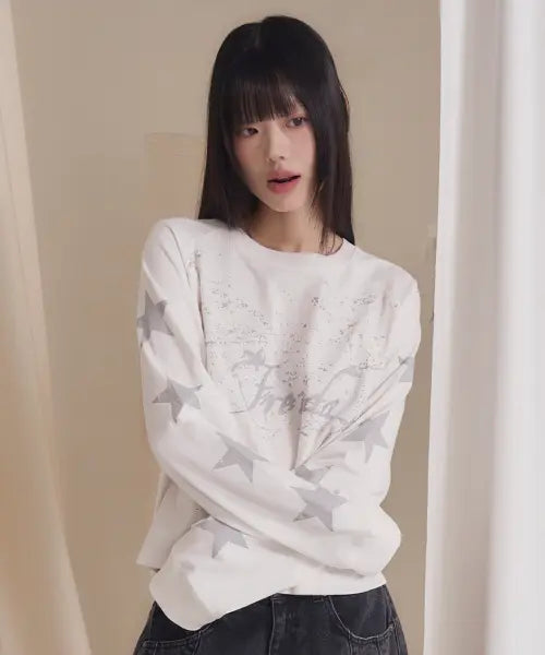 [PRENDA] STAR LETTERING LOGO LONG SLEEVE WHITE
