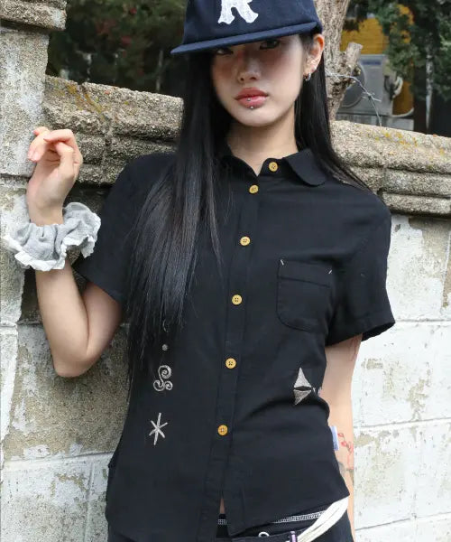 [RuNaKi'Hu'] WXTS013 Haratpa Asymmetric Short Sleeve Shirt (Black) / WXTS013 하랏파 언발란스 반팔 셔츠 (BLACK)