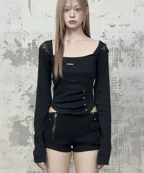 [ETRE AU SOMMET] Bust Line Pintuck Detail Long Sleeve (Black)