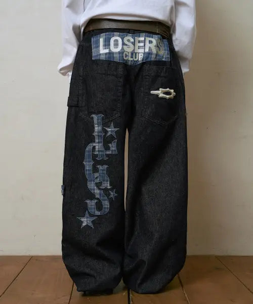 [LOSERS CLUB] LSC CHECK PATCH WIDE COTTON PANT INDIGO / 체크 패치 와이드 코튼 팬츠 인디고