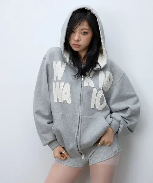 [EEERRR] Weekend Warrior Waffle Applique Hoodie Zip-Up (Melange)