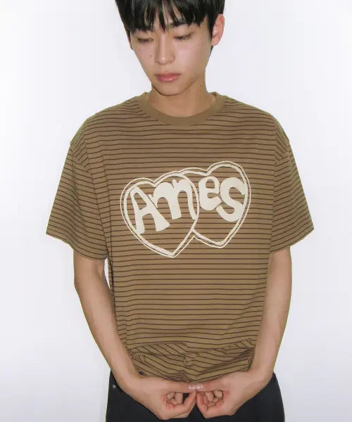 [AMES-WORLDWIDE] HEART SPRAY STRIPE TEE BROWN