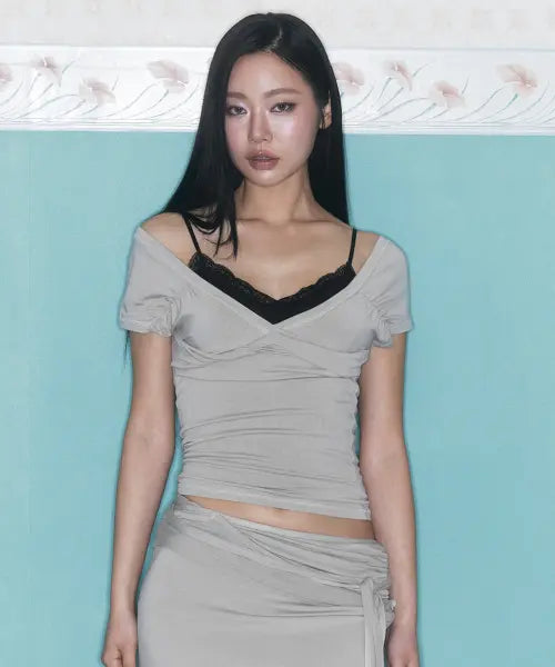 [PLEASENOFOLLOW] Marin Strap Shirring Short Sleeve Top (Ash Beige)