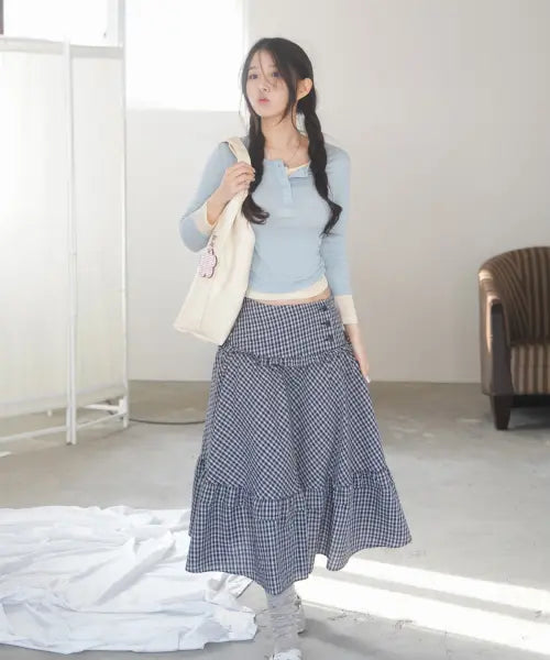 [HEEARI] Bliss Flare Check Long Skirt_Navy / [조수잔X히어리]수잔 체크 롱 스커트_네이비 체크