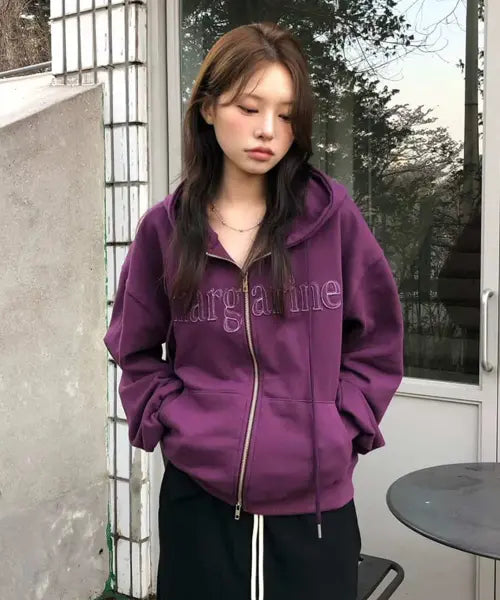 [STMG] Margarine Applique Loose two-way zipper Hoodie Zip-Up purple / 마가린 아플리케 루즈 투퉤이 지퍼 후드집업 퍼플