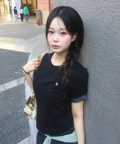 [SLOW RECORD HOUSE] Layered Check Roll-Up T-Shirt_Black / 레이어드 체크 롤업 티셔츠_블랙