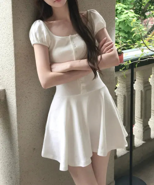 [WHISFAIRY] Button Flare Dress - WHITE