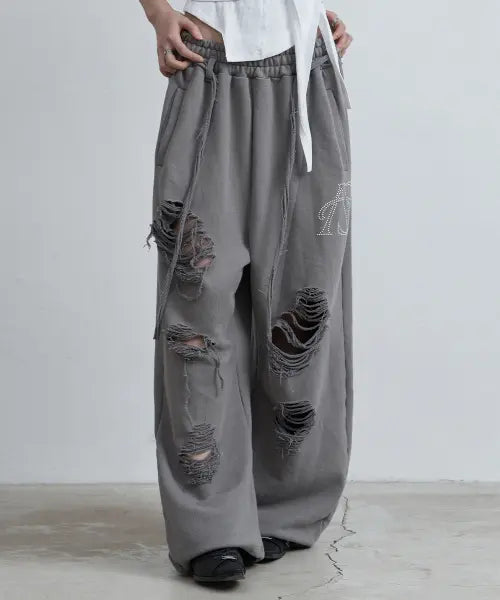 [AS YOU ARE] BELTED DESTROYED SWEATPANTS DARK GREY / 벨티드 디스트로이드 스웻 팬츠 다크 그레이