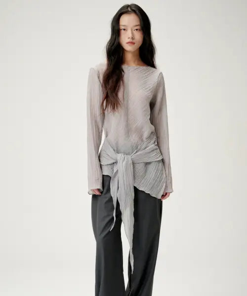 [LYNTE] Waist Wrinkle Drape Blouse Grey / 링클웨이스트 블라우스 그레이