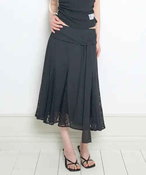 [ILLIGO] BOW CHIFFON LACE SKIRT BLACK / 보우 쉬폰 레이스 스커트 블랙