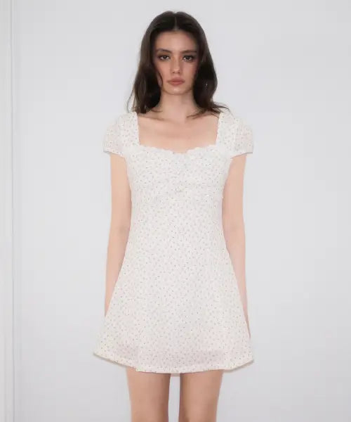 [ROSEFRANTZ] Lace Shirring Button Flare Dress [Ivory]