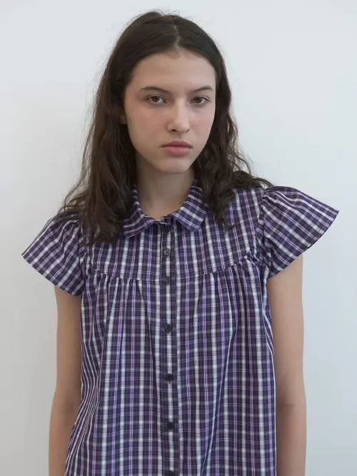 [ENZO BLUES] Checked Cap Sleeve Shirt (Purple Check) / 체크 캡 슬리브 셔츠 (Purple Check)