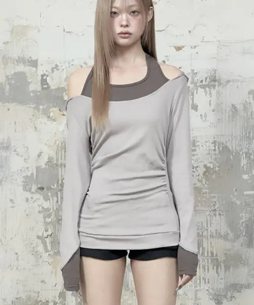 [ETRE AU SOMMET] Halter-Neck Hooded Slim-Fit Long Sleeve Top (Moca)