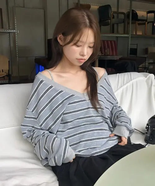 [STMG] Deep V Stripe Summer Knit gray / 딥 브이 스트라이프 썸머 니트 그레이