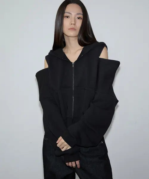 [INEGI] Open Shoulder Hoodie Zip-Up (black)