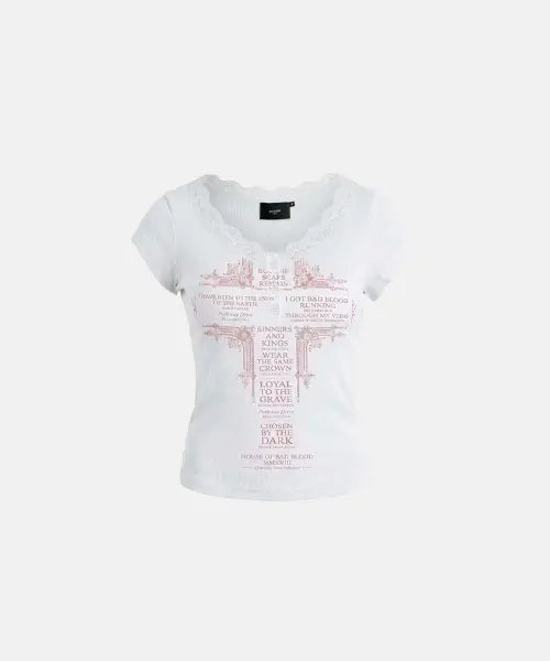 [BADBLOOD] Loyal Cross Lace-Neck 1/2 Henley T-Shirt - White / Loyal 크로스 레이스넥 1/2 헨리 티셔츠 - 화이트