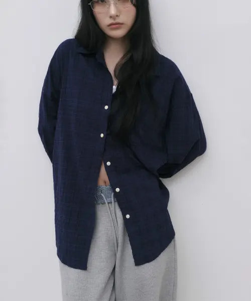 [SSEUL] Check Pocket Oversized Shirt_Navy / 체크 포켓 오버핏 셔츠_네이비